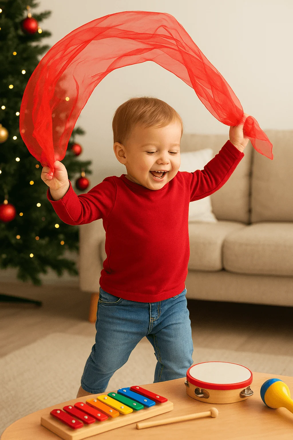 A cheerful toddler wearing a red shirt waves a red scarf while playing in a living room decorated for Christmas, with musical instruments like a xylophone, tambourine, and maraca on the table in front of them.