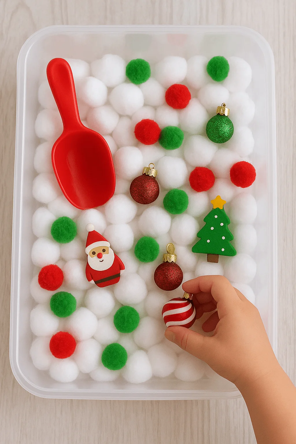 Christmas sensory bin filled with white cotton balls red and green pom poms small ornaments a red scoop and a child’s hand picking up a striped bauble
