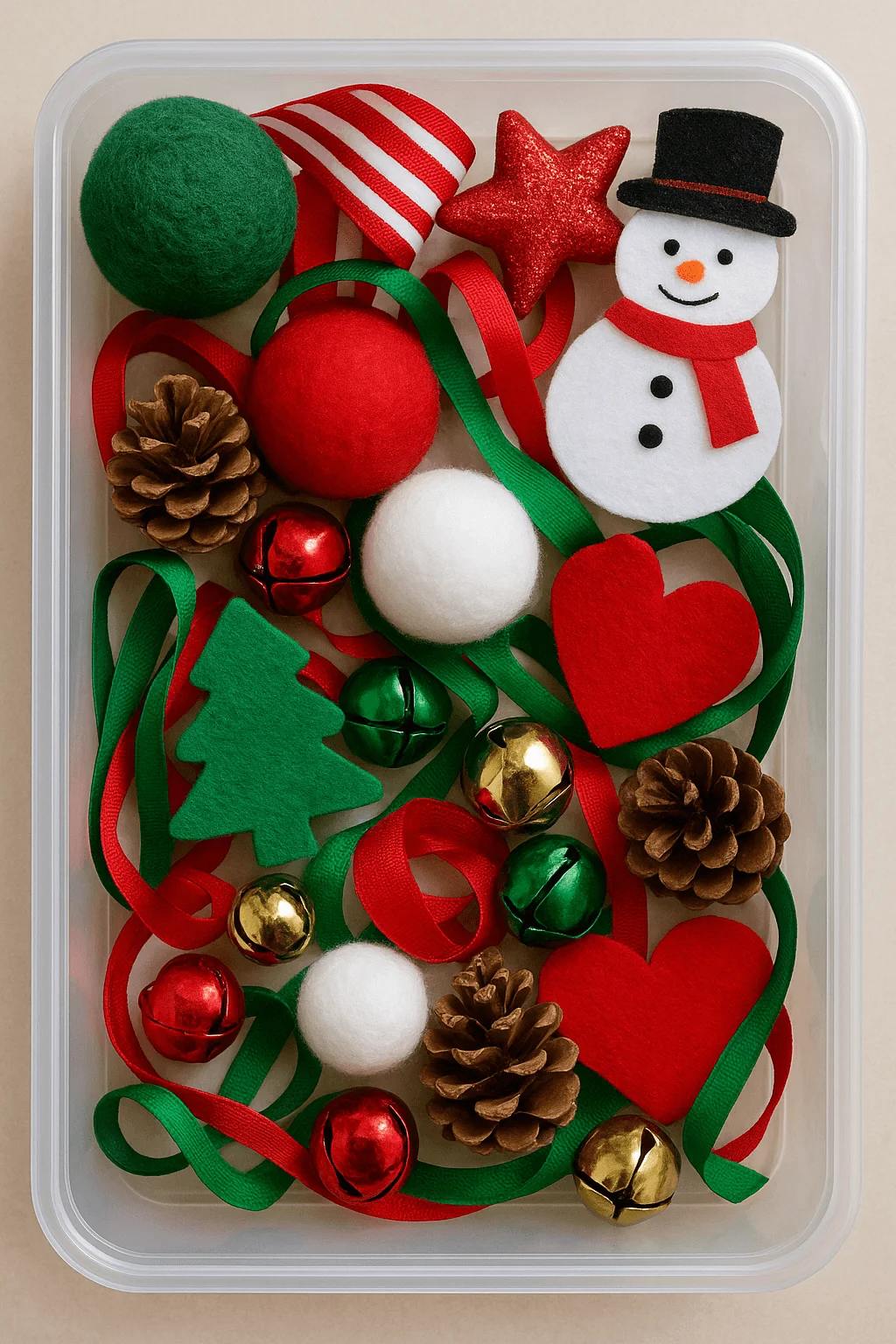 christmas sensory bin with felt shapes pinecones ribbon jingle bells and a snowman decoration