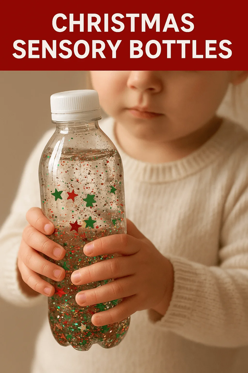 A young child in a cream sweater holds a clear sensory bottle filled with water, red and green glitter, and star-shaped confetti. The top of the image features a red banner with the text “Christmas Sensory Bottles.”