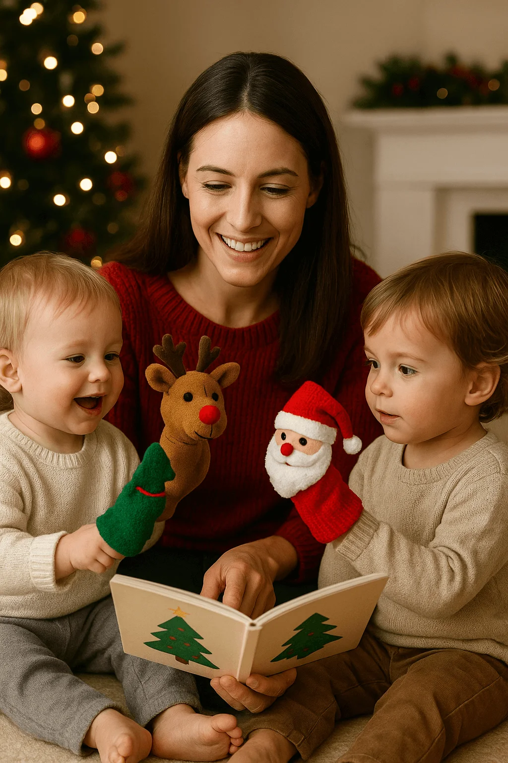 An adult reads a Christmas book to two young children while they all play with festive hand puppets, including a reindeer, Santa, and a Christmas tree. A decorated Christmas tree glows softly in the background, creating a warm holiday atmosphere.