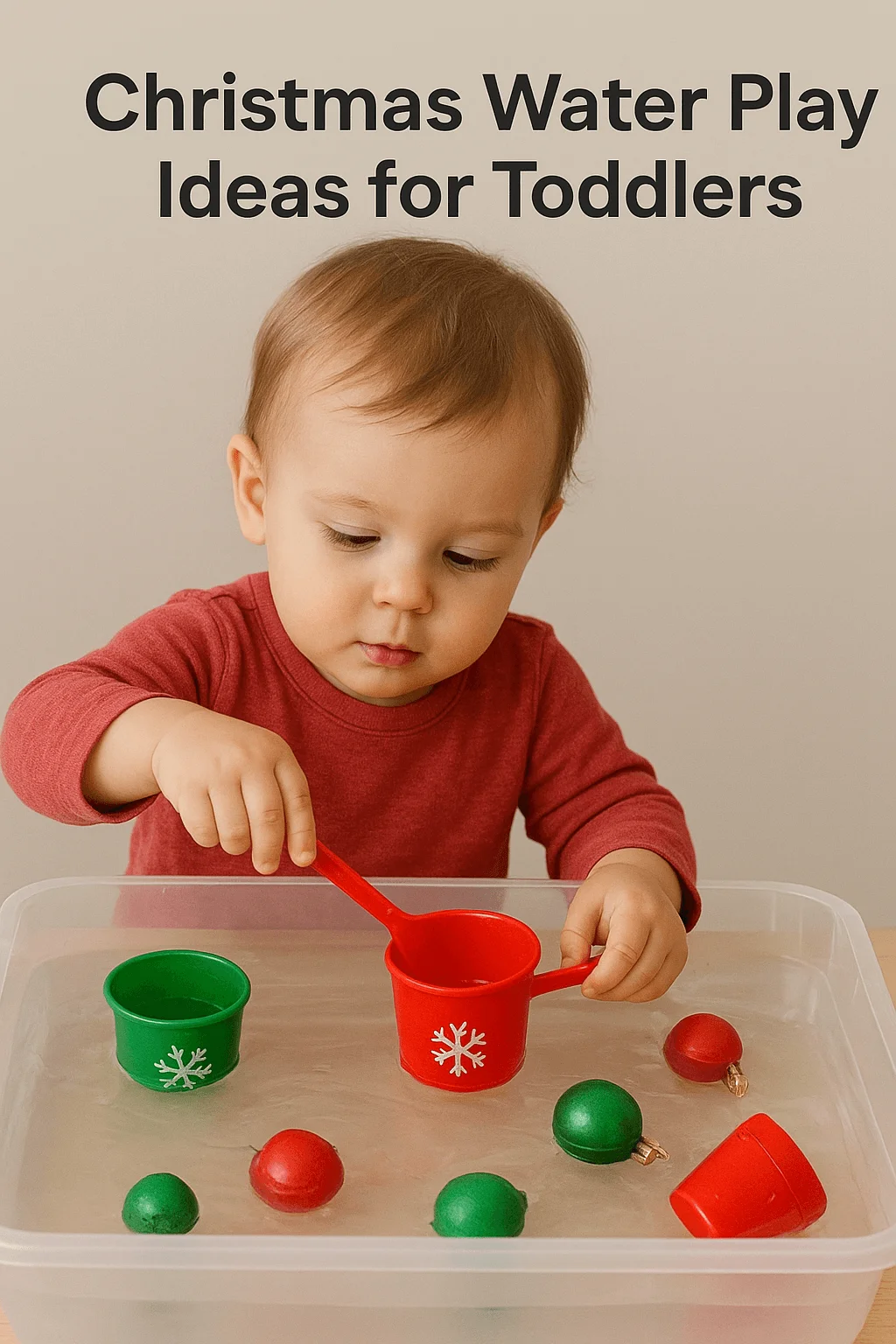 A toddler wearing a red shirt plays with a Christmas-themed water bin, using a red scoop to fill a small red cup decorated with a snowflake, while green and red floating ornaments rest in the clear plastic container.