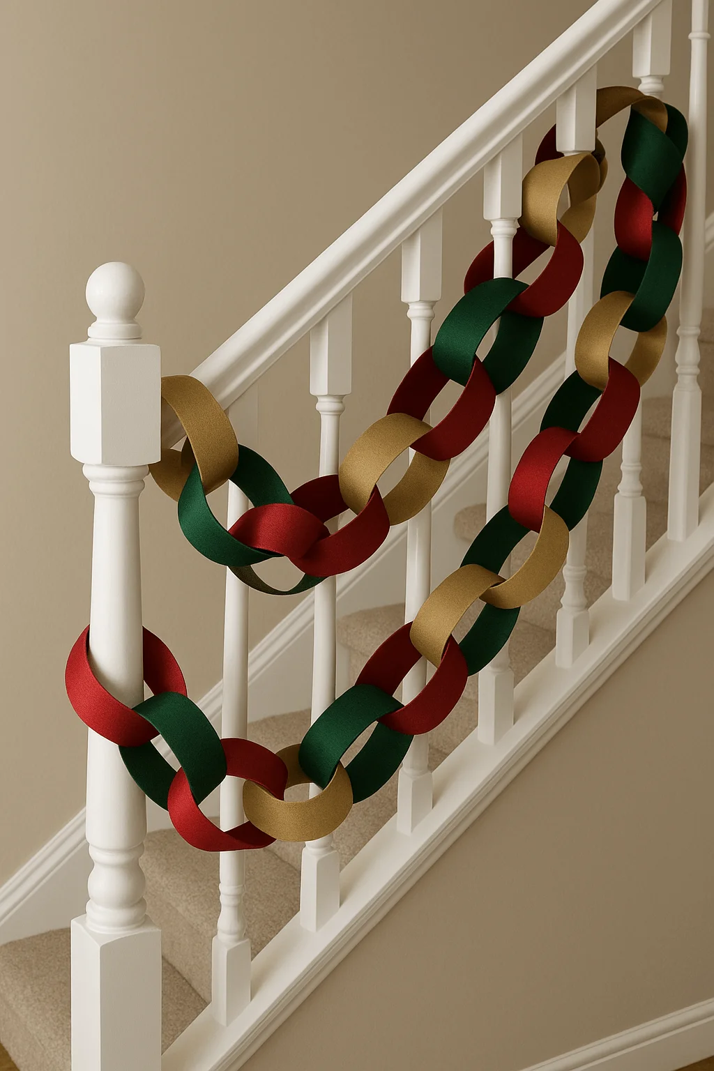 chunky red green and gold looped ribbon garland decorating a staircase railing