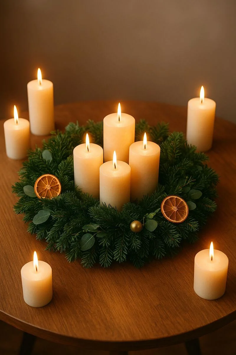 Christmas candle wreath centerpiece with evergreen foliage dried orange slices gold accents and glowing pillar candles on a wooden table