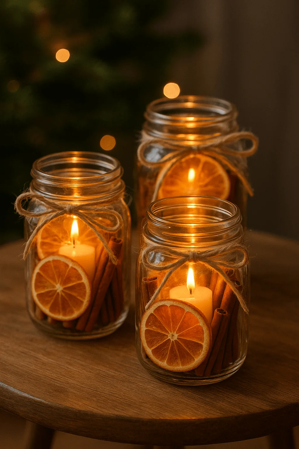 christmas mason jar lanterns with dried orange slices cinnamon sticks and glowing candles