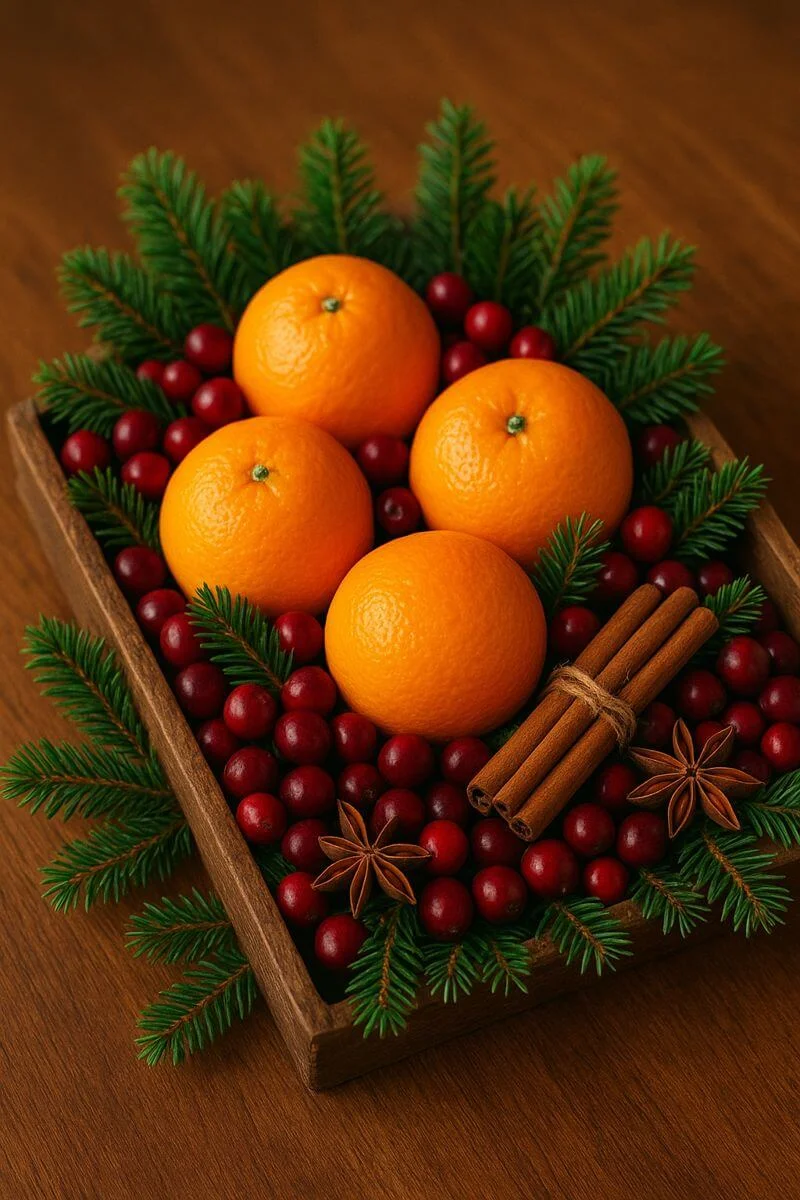 Festive Christmas centerpiece with fresh oranges cranberries evergreen sprigs cinnamon sticks and star anise in a wooden tray