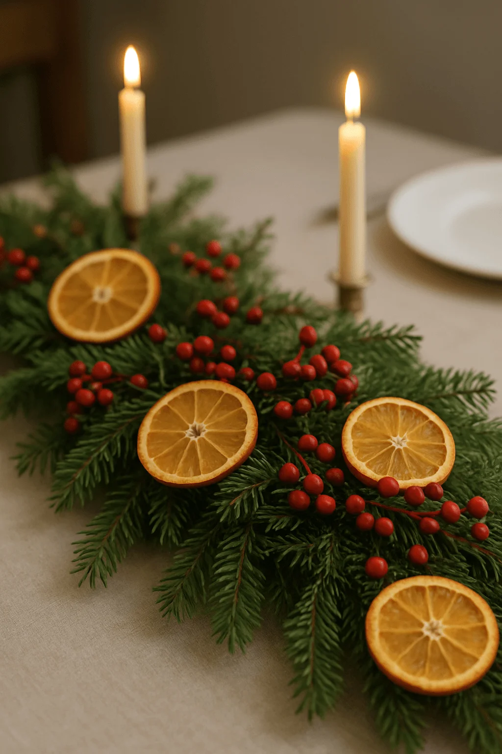 Christmas table garland with evergreen branches dried orange slices red berries and lit taper candles