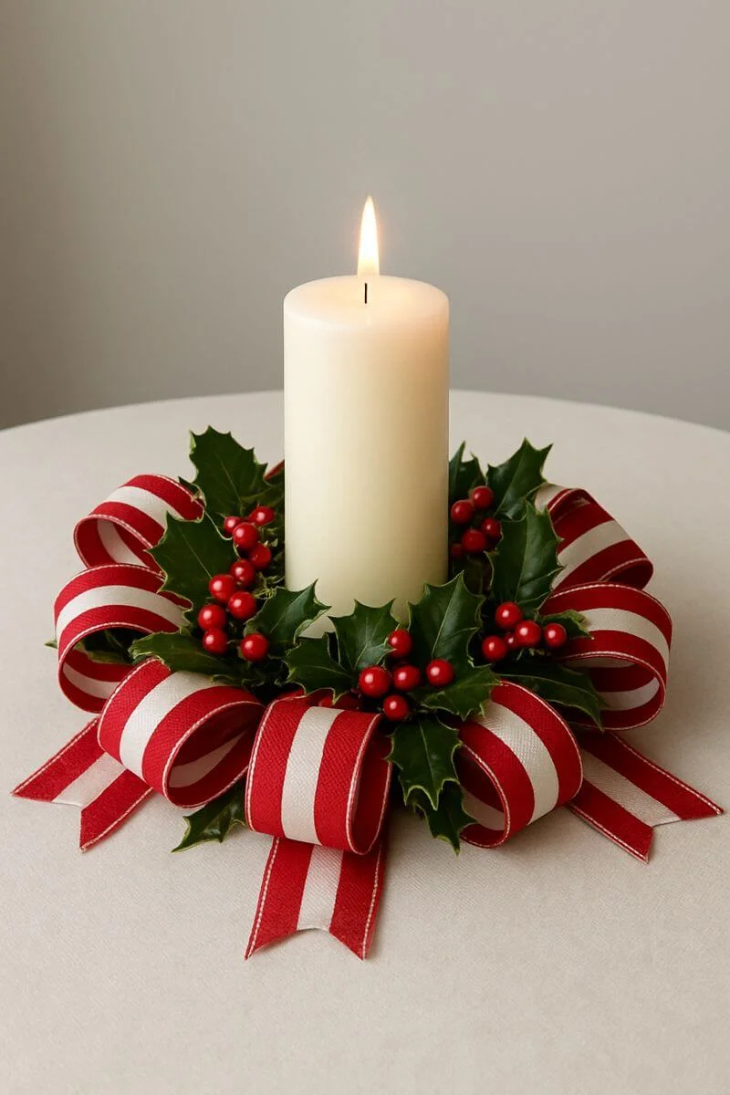 Classic Christmas candle centerpiece with red and white ribbon holly leaves and bright red berries