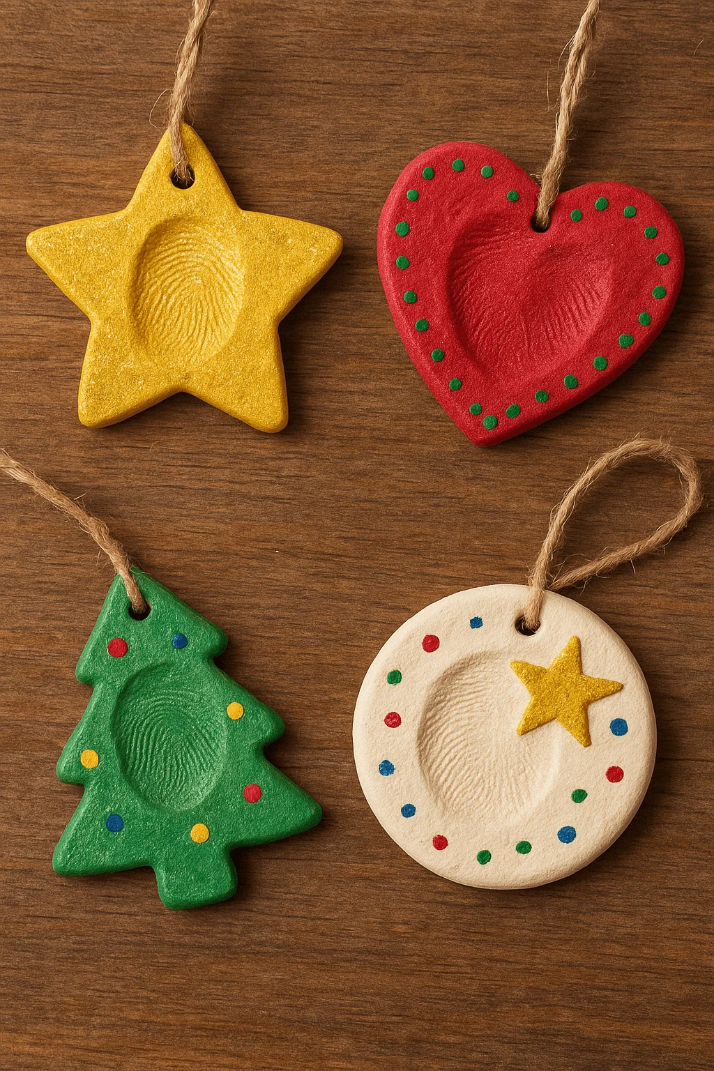 clay fingerprint ornaments shaped like star heart christmas tree and circle decorated with colorful paint and twine loops