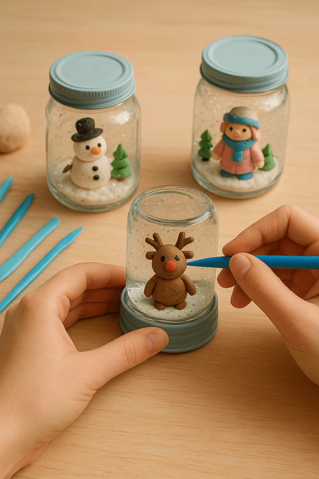 clay snow globes with handmade reindeer snowman and winter figurines inside jars as hands sculpt details with blue tools