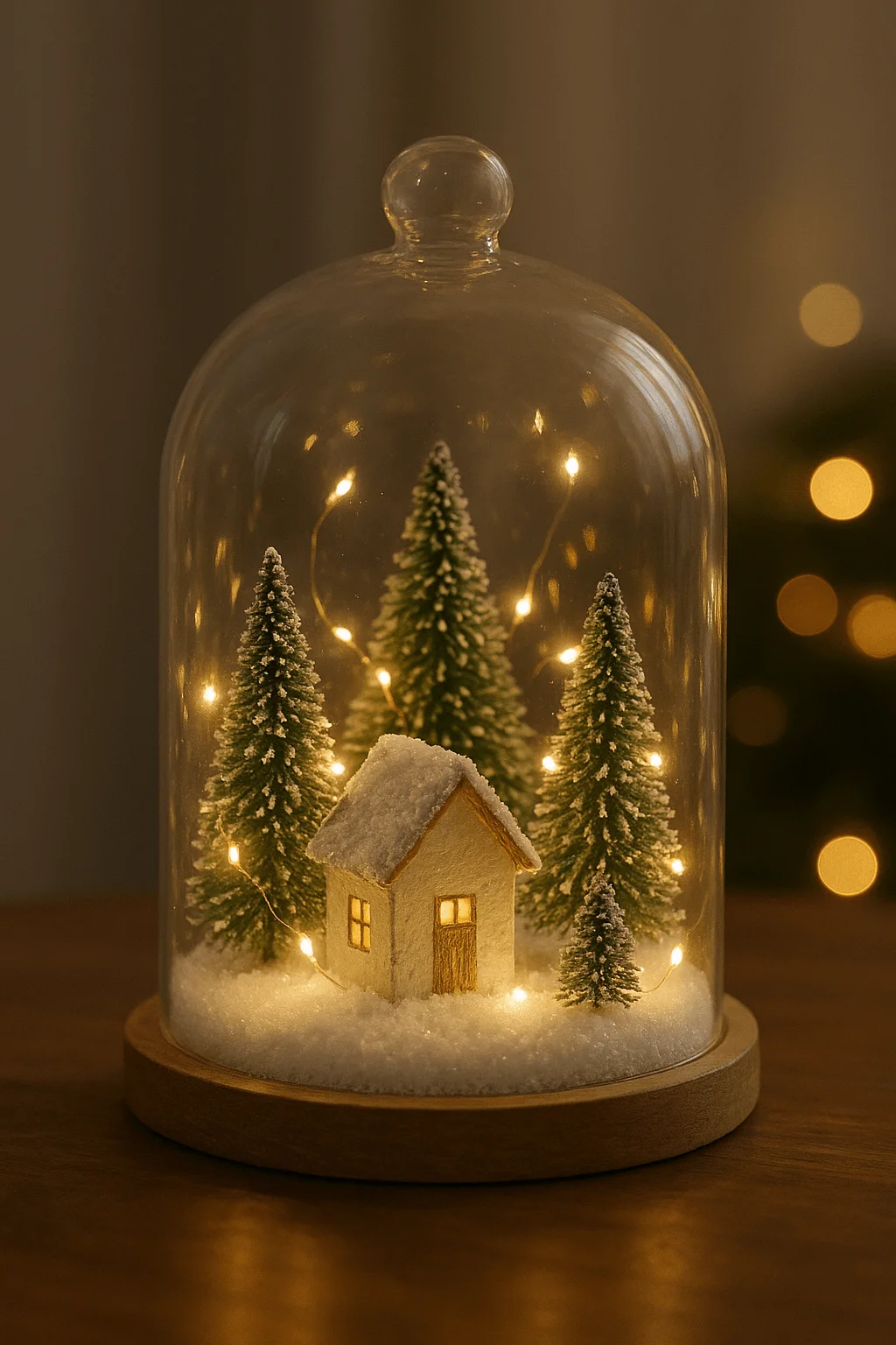Christmas cloche decor with miniature snowy house bottle brush trees and warm fairy lights under a glass dome