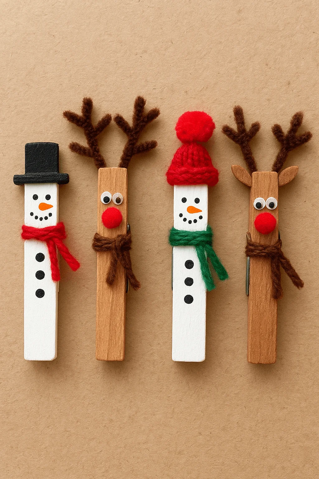 Clothespin Christmas crafts featuring painted snowmen and reindeer with yarn scarves hats and pom-pom noses on a brown background