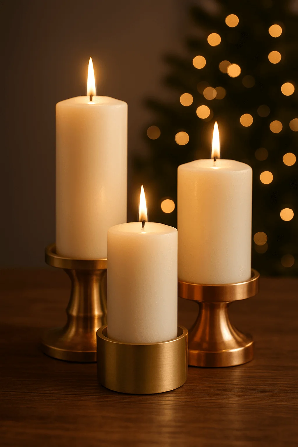 Christmas candle trio on metallic holders with warm glowing flames and blurred tree lights in background