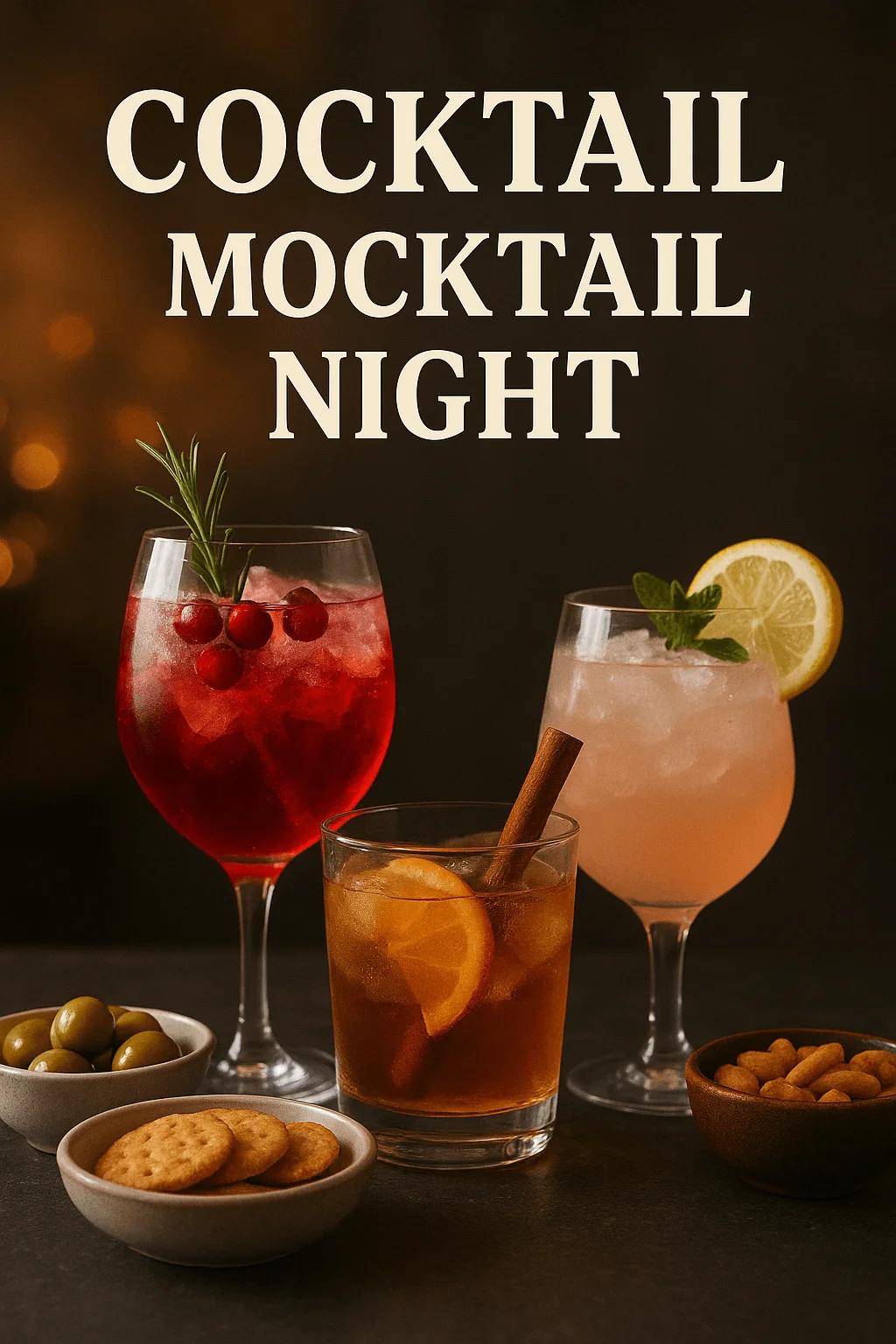 Three festive drinks including a red cranberry cocktail, a pink mocktail with lemon and mint, and an amber drink with citrus and cinnamon displayed with small bowls of olives crackers and nuts under the title cocktail mocktail night.