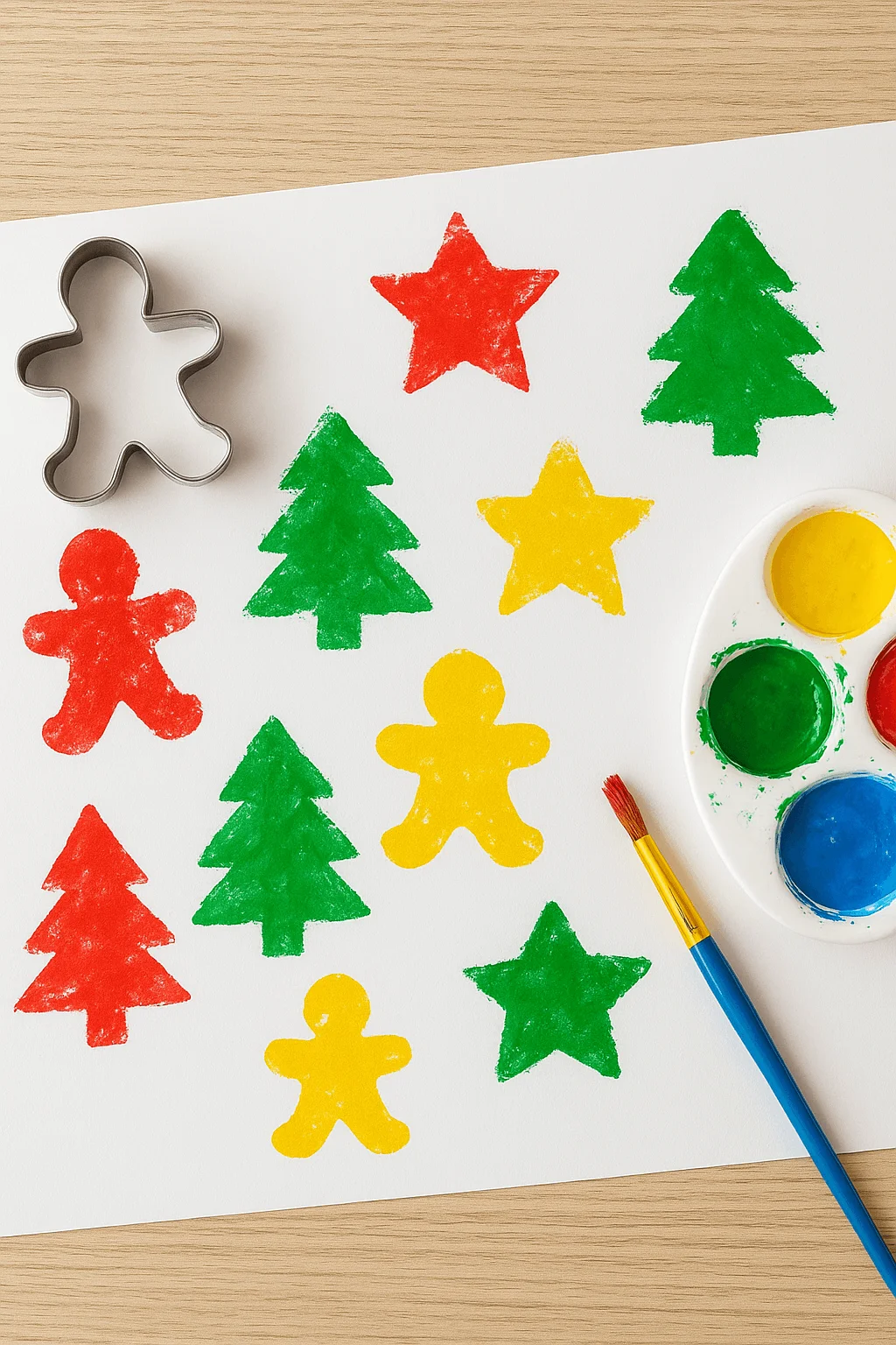 Colorful Christmas-themed cookie cutter art made with painted stamps of trees, stars, and gingerbread figures on white paper, with paint palette, brush, and metal cookie cutter on a wooden table.