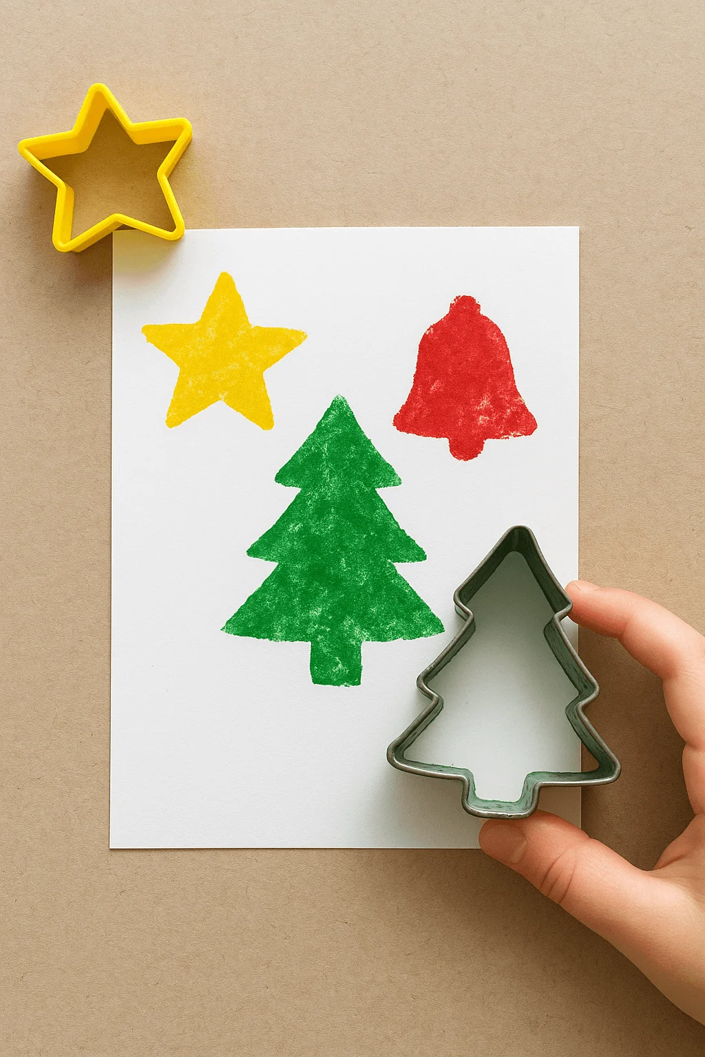 It looks like someone is making holiday-themed stamped art using cookie cutters. A hand is holding a metal cookie cutter shaped like a Christmas tree, and the paper shows prints of a green tree, a yellow star, and a red bell. There’s also a yellow star-shaped cookie cutter placed above the paper. The overall scene suggests a simple, kid-friendly craft activity for making festive cards or decorations.