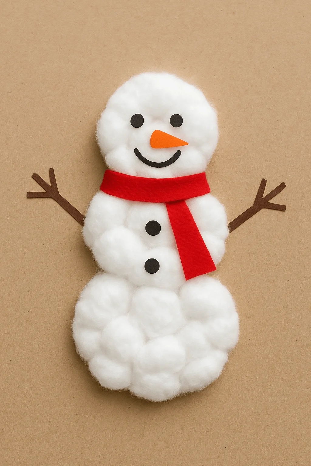 Cotton ball snowman craft with red scarf paper arms and simple face details
