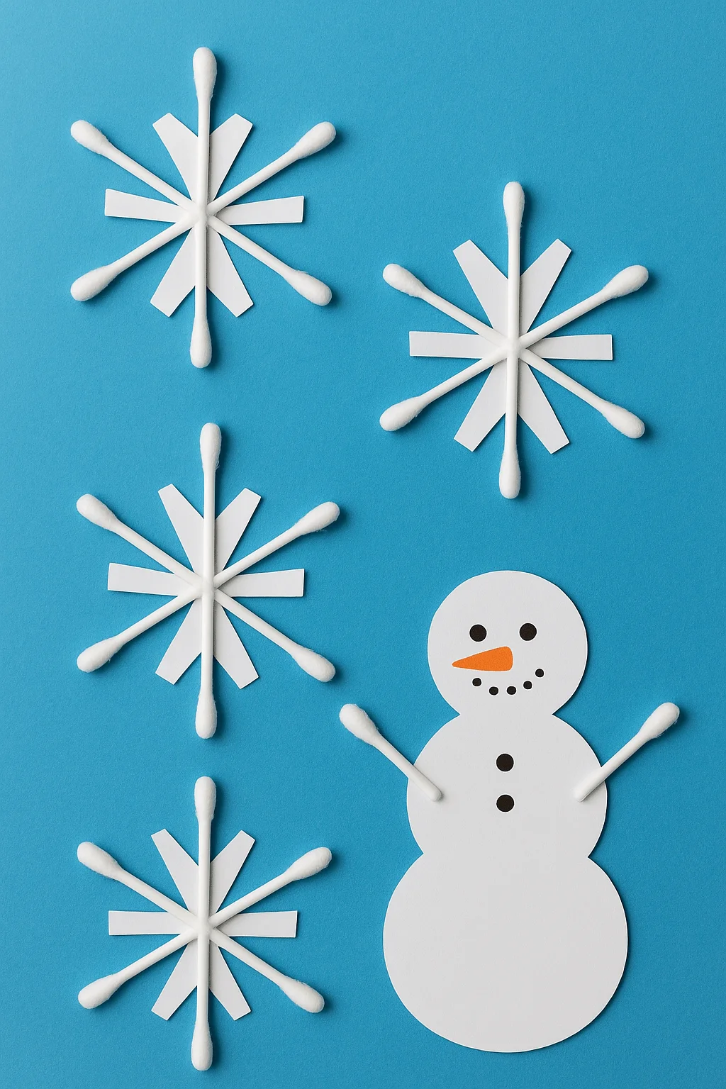 cotton swab snowflake crafts with a paper snowman on blue background