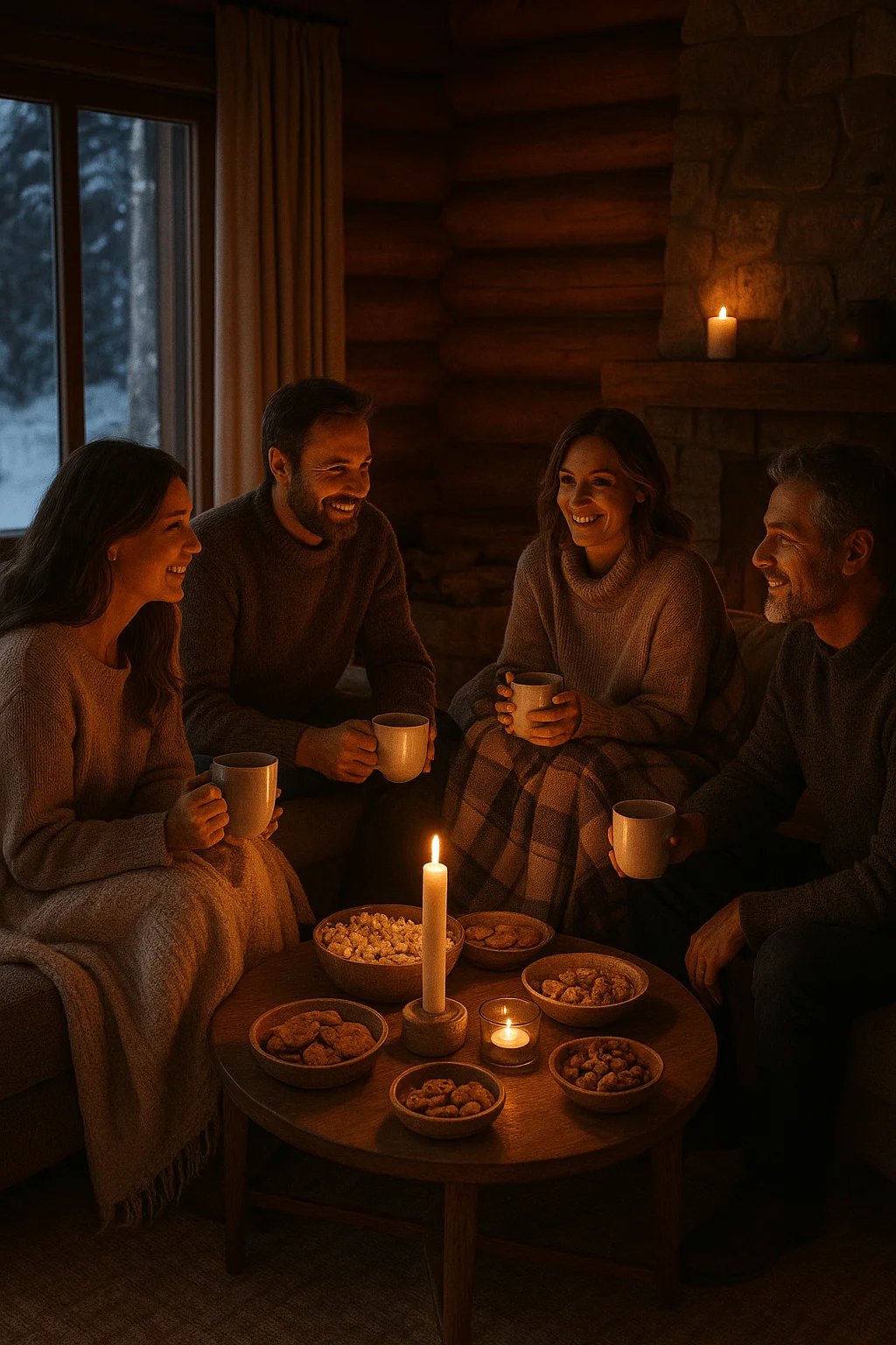 Four adults sit together in a warm, candlelit log cabin during a cozy winter lodge evening, wrapped in blankets and holding mugs. A wooden coffee table in front of them is filled with bowls of cookies, nuts, and popcorn. Soft candlelight glows around the room, complementing the snowy landscape visible through the window.