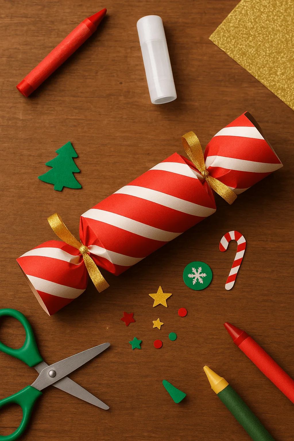 Handmade Christmas cracker craft wrapped in red and white striped paper with gold ribbon, surrounded by festive cut-out shapes, crayons, scissors, glue stick, and holiday decorations on a wooden table.