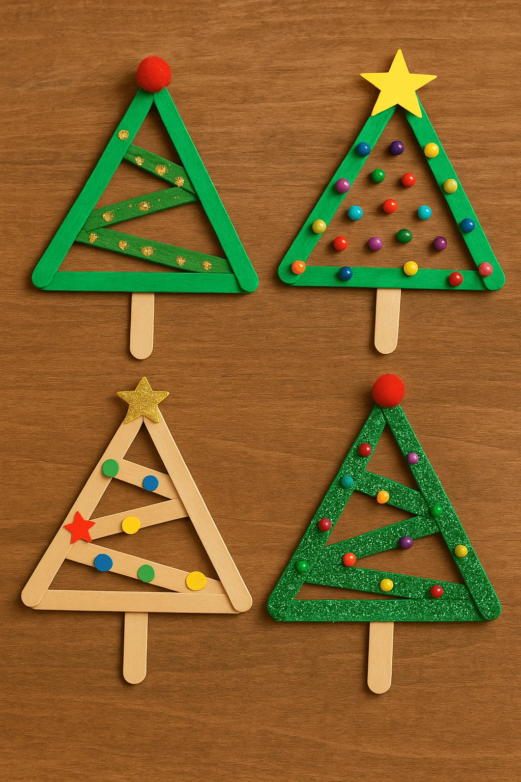 craft stick christmas trees decorated with pom poms stars glitter and colorful dots on a wooden background