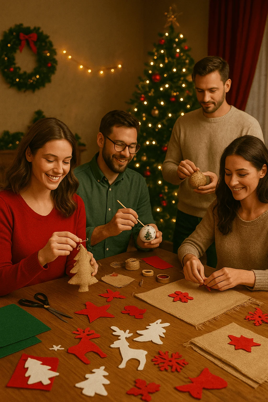 Four adults sit around a table during a festive craft and décor workshop, smiling as they create handmade Christmas ornaments. Felt cutouts in shapes like trees, stars, and reindeer are spread across the table, along with twine, scissors, and burlap. Behind them, a decorated Christmas tree and glowing wreath add a warm holiday atmosphere.