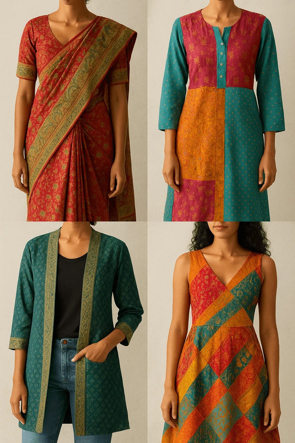 Cultural fusion upcycled fashion featuring saree transformed into kurta jacket and patchwork dress with traditional Indian prints