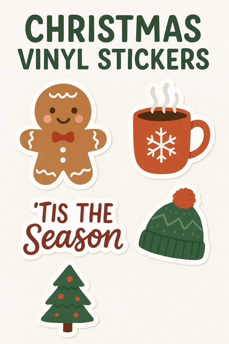christmas vinyl stickers featuring a gingerbread man hot cocoa mug tis the season text winter beanie and decorated christmas tree