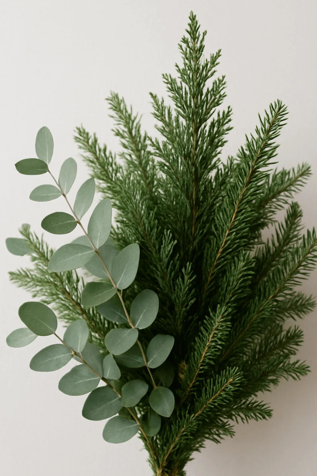 Winter greenery arrangement featuring fresh cypress branches and soft eucalyptus leaves on a clean neutral background