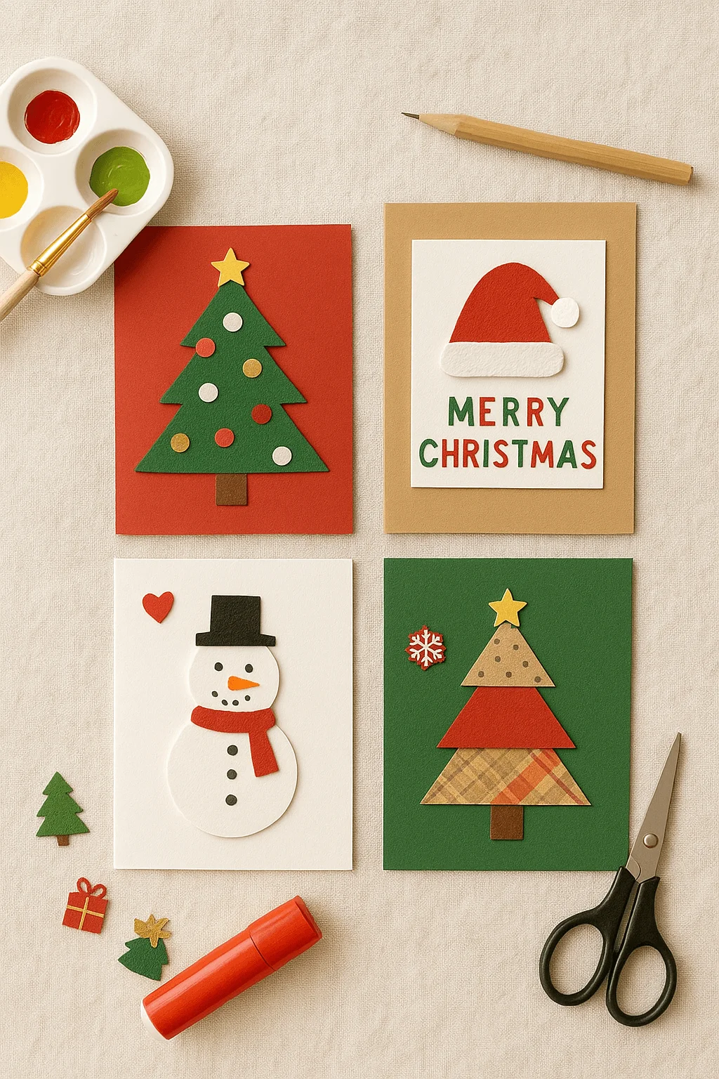DIY Christmas cards with paper cut-out designs including Christmas trees, snowman, and Santa hat, surrounded by craft supplies like paint, scissors, glue stick, and miniature holiday shapes.