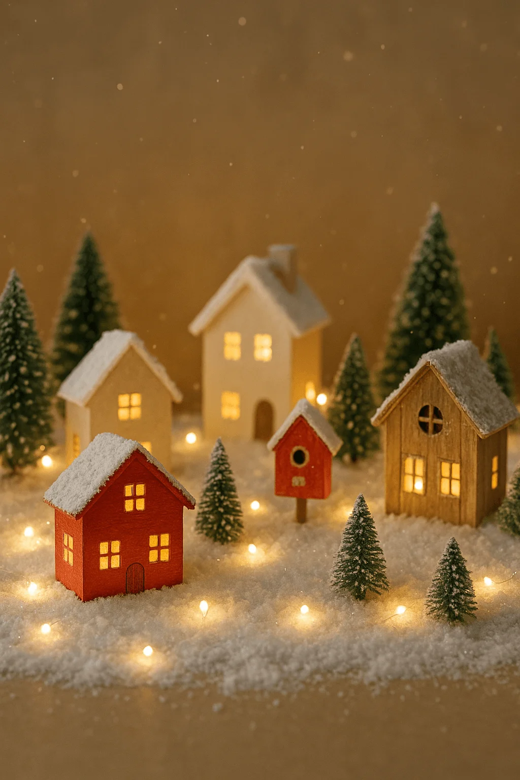 mini christmas village display with snowy houses warm lights and small evergreen trees