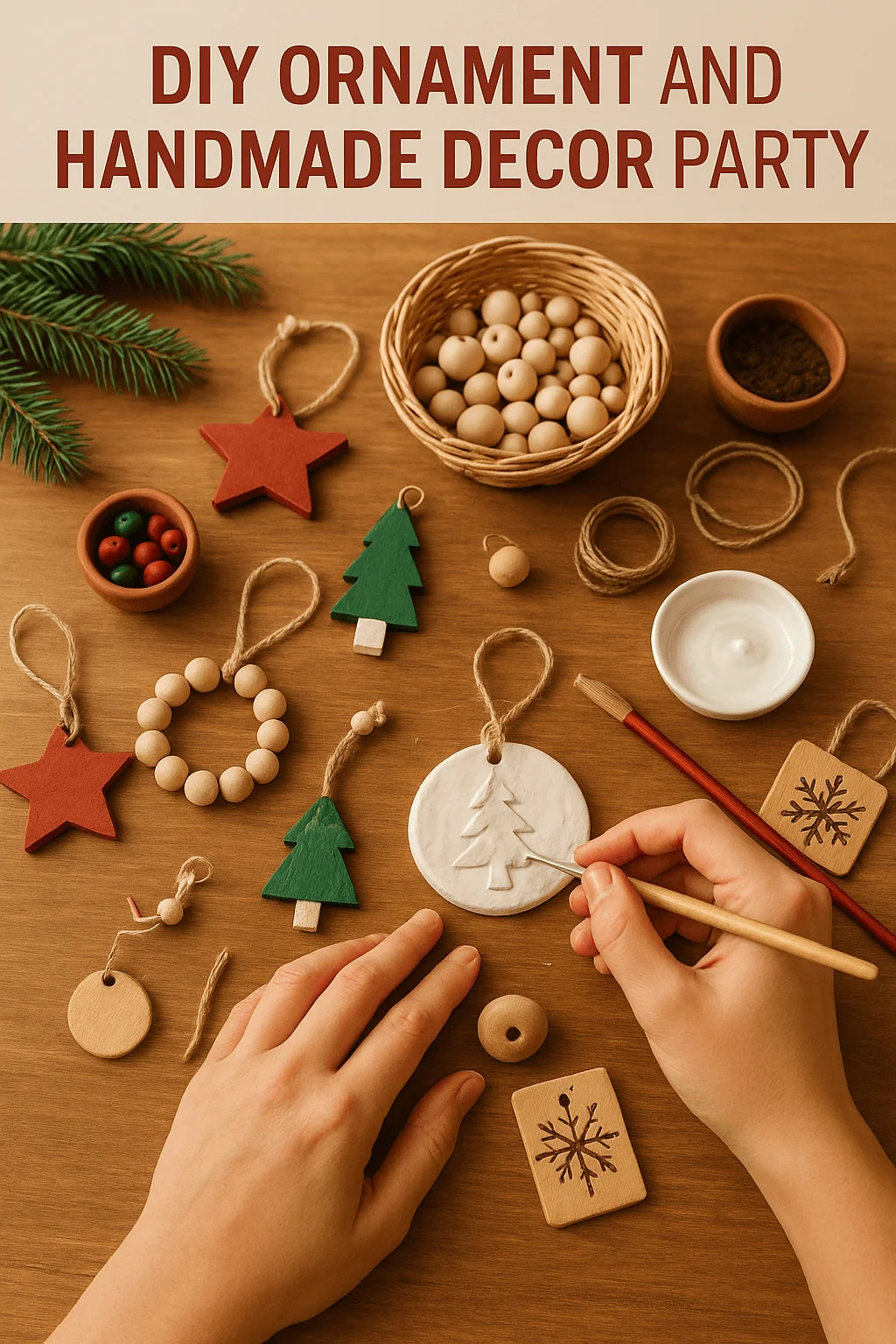 Hands crafting wooden and clay Christmas ornaments including stars trees beads and snowflake designs on a wooden table for a diy ornament and handmade decor party.