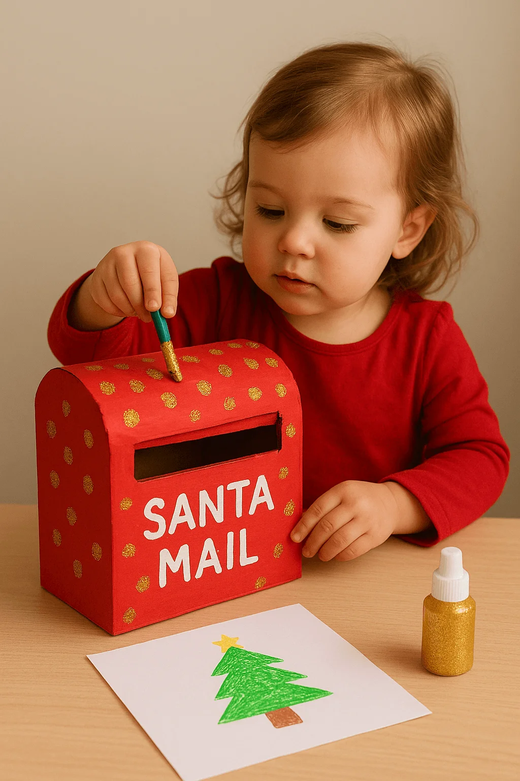 A toddler in a red shirt decorates a homemade red “Santa Mail” mailbox with gold dots, using a glittery tool, while a drawing of a Christmas tree and a small bottle of gold glitter sit on the table nearby.