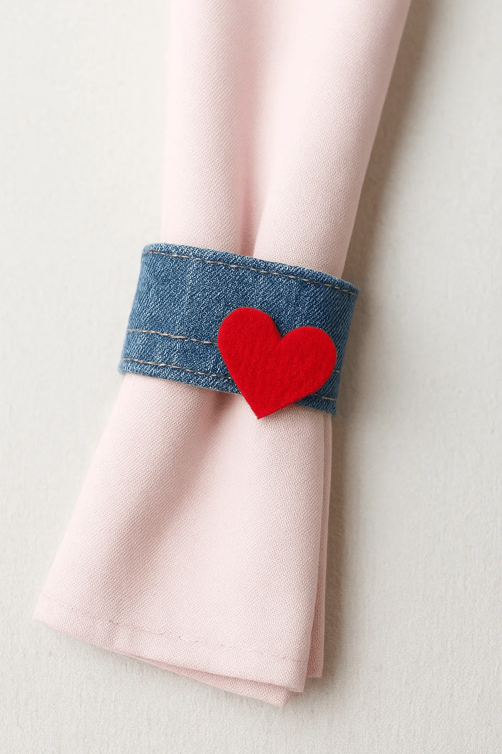 Denim napkin ring with stitched edges and a red heart accent wrapped around a light pink cloth napkin