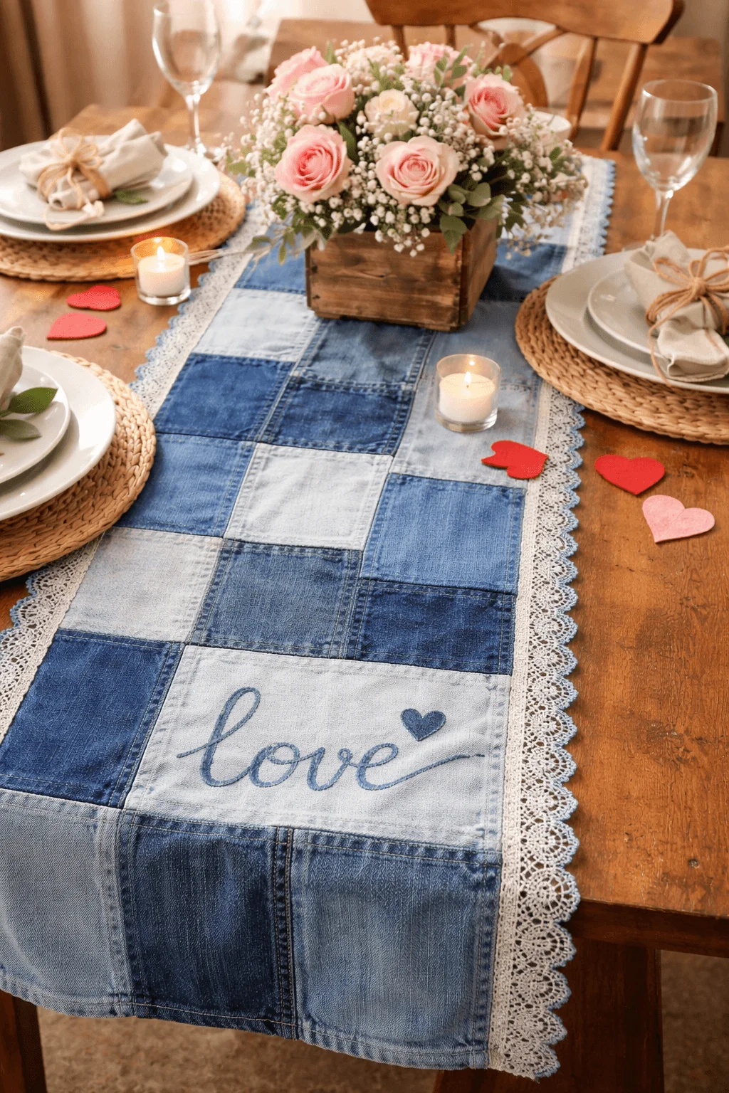 Denim patchwork table runner with lace trim pink rose centerpiece candles and scattered heart decorations