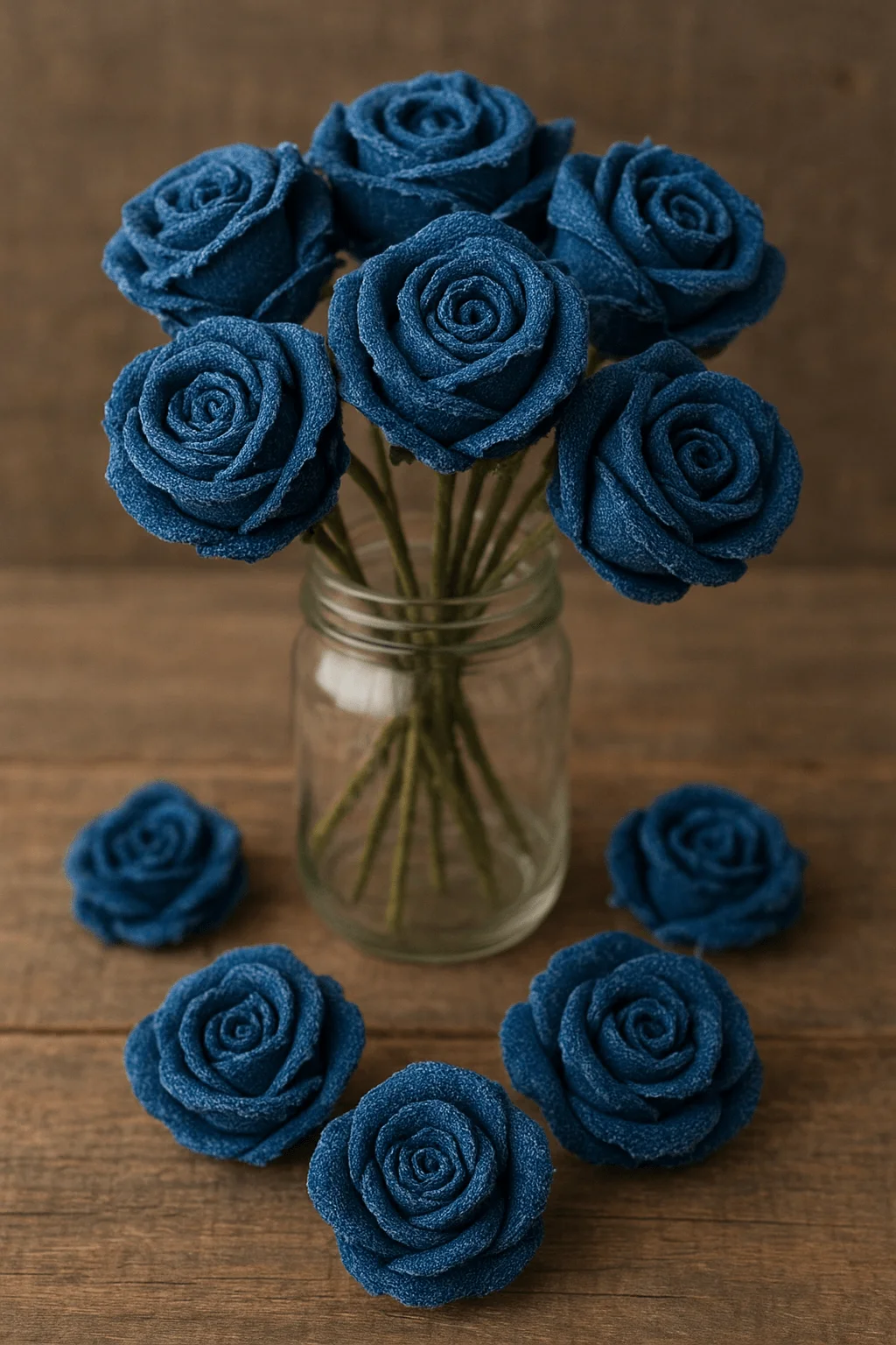 Handcrafted denim roses arranged in a mason jar with additional denim flowers on the wooden table