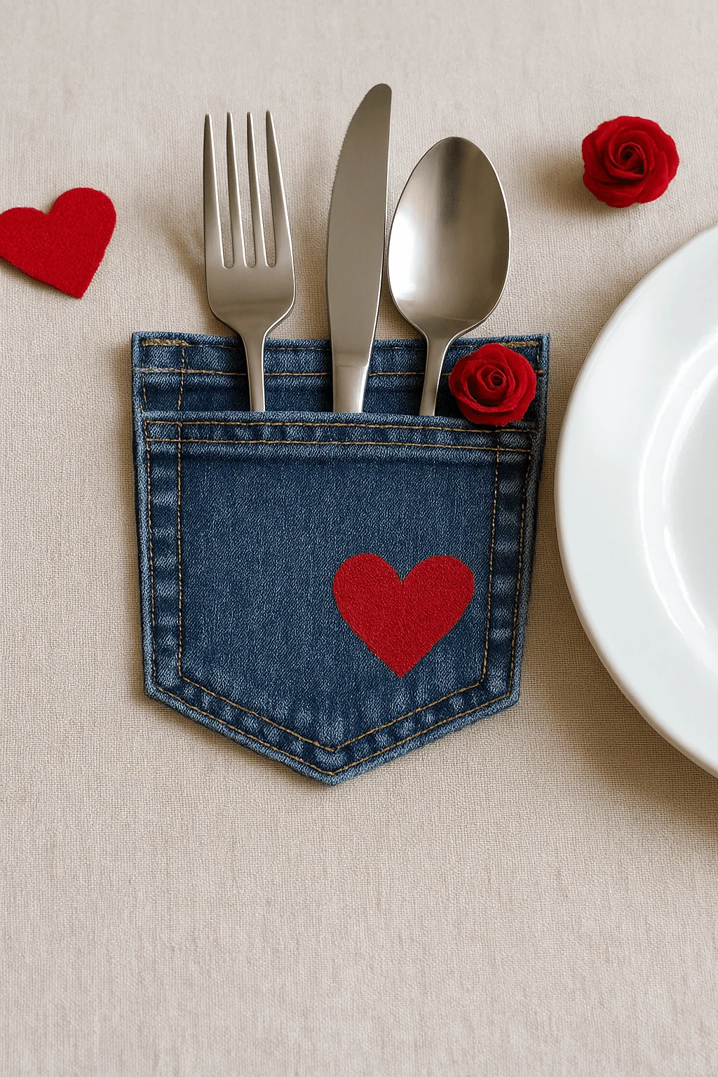 Denim pocket silverware holder with red heart and small rose accents on a neutral table setting