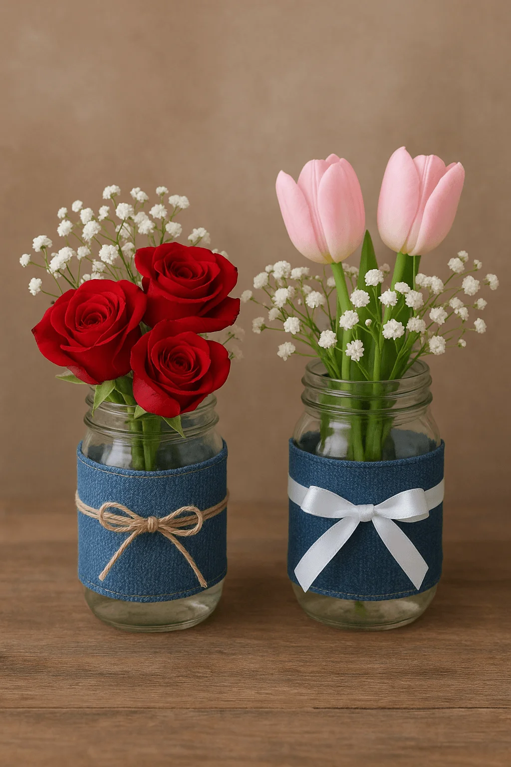 Denim wrapped mason jar vases with red roses pink tulips and baby’s breath decorated with twine and ribbon bows