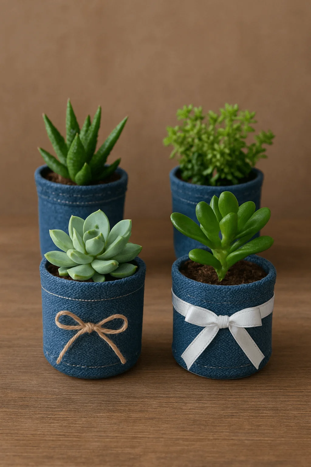 Denim wrapped mini planters decorated with twine and ribbon bows holding assorted green succulents
