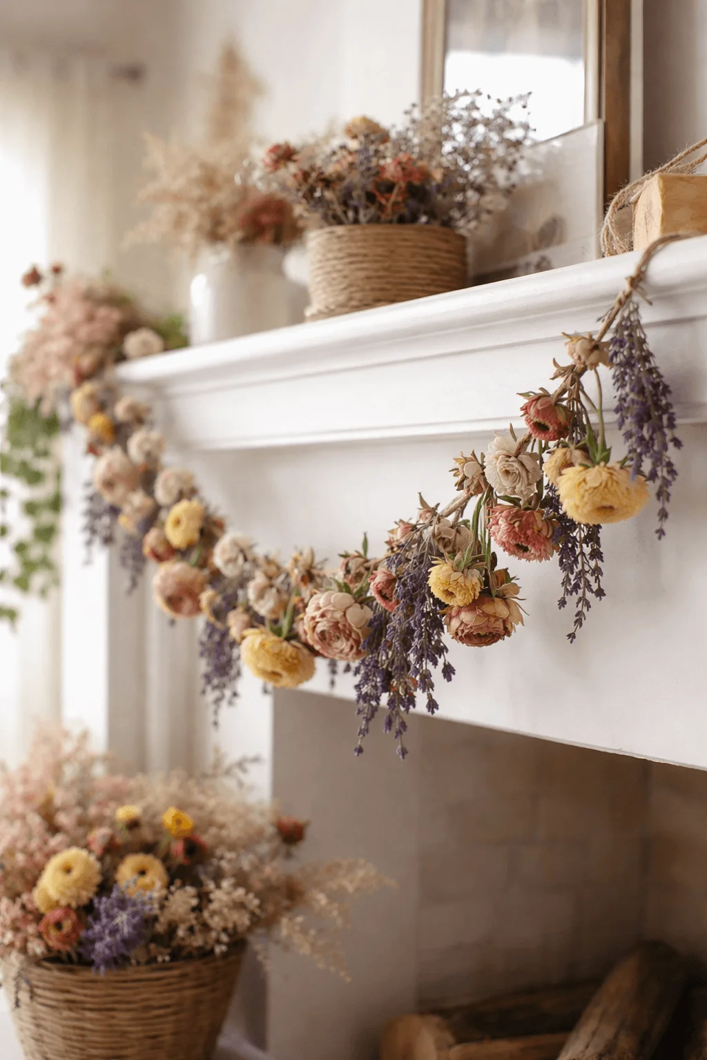 dried flower garland with roses lavender and natural botanicals hanging on white mantel for rustic valentines day decor