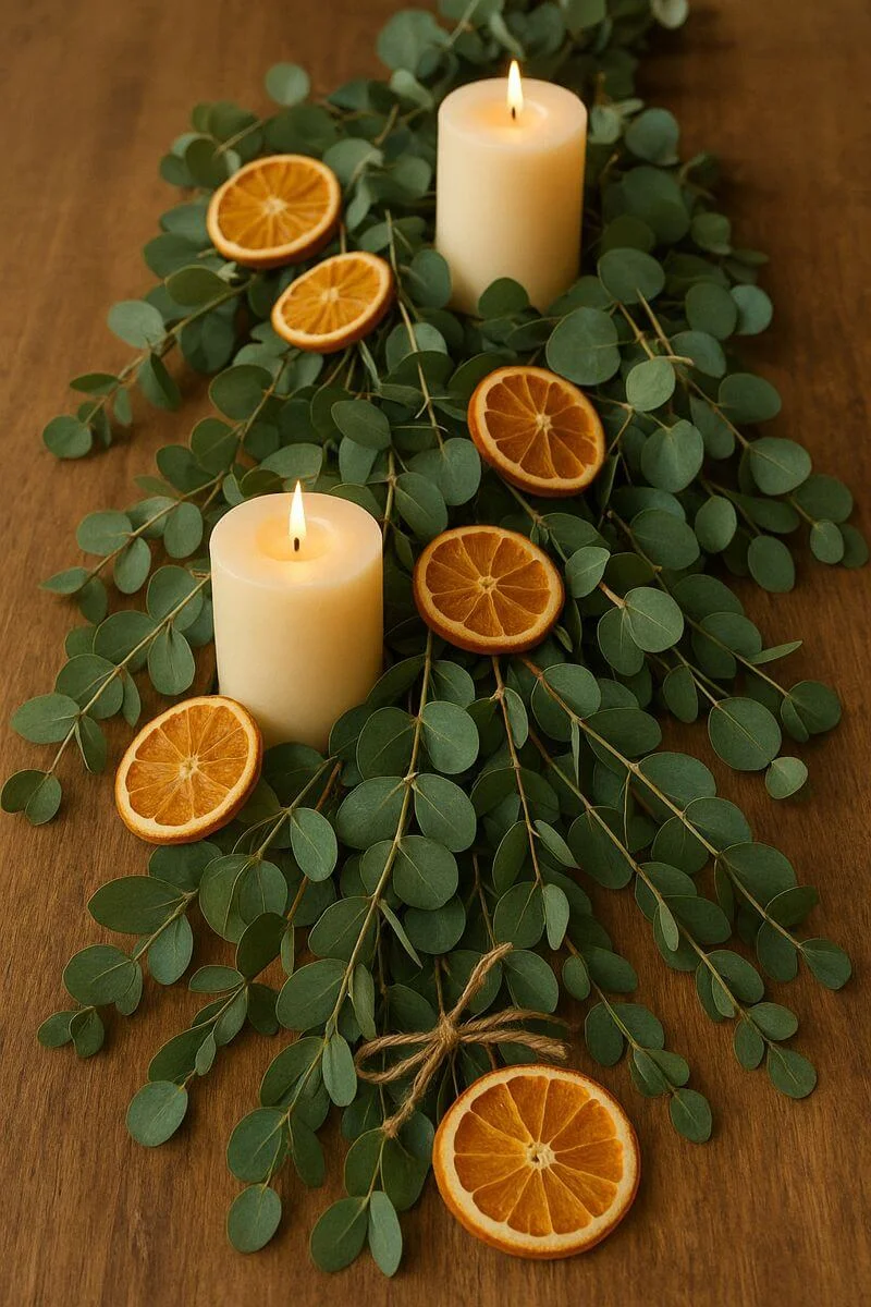 Christmas table runner with eucalyptus branches dried orange slices and glowing pillar candles