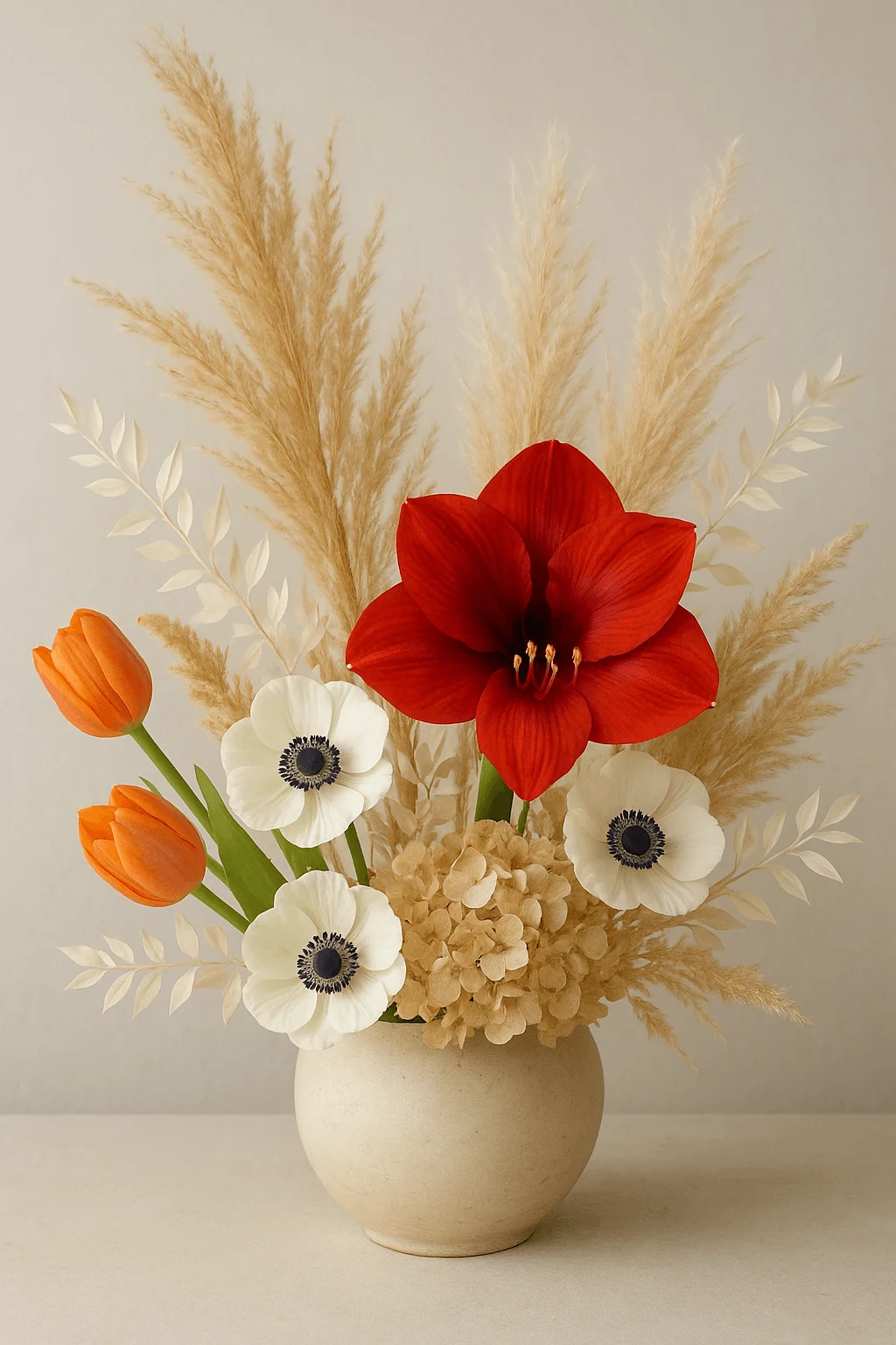 Dried and fresh floral arrangement with red amaryllis white anemones orange tulips and pampas grass in a neutral ceramic vase on a soft beige background