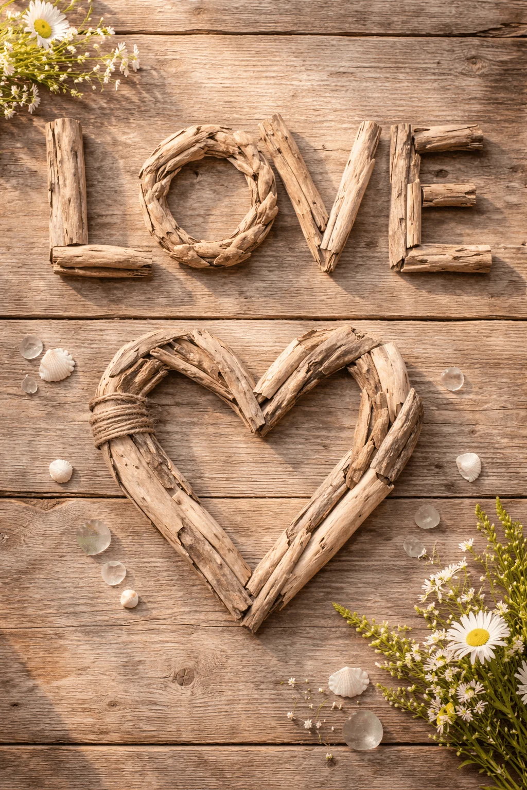 driftwood love signs with heart shape made from natural wood pieces arranged on rustic wooden background with wildflowers and beach elements