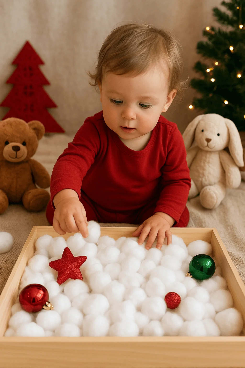 Toddler in a red outfit playing with a Christmas sensory bin filled with white cotton balls and festive ornaments surrounded by holiday decorations