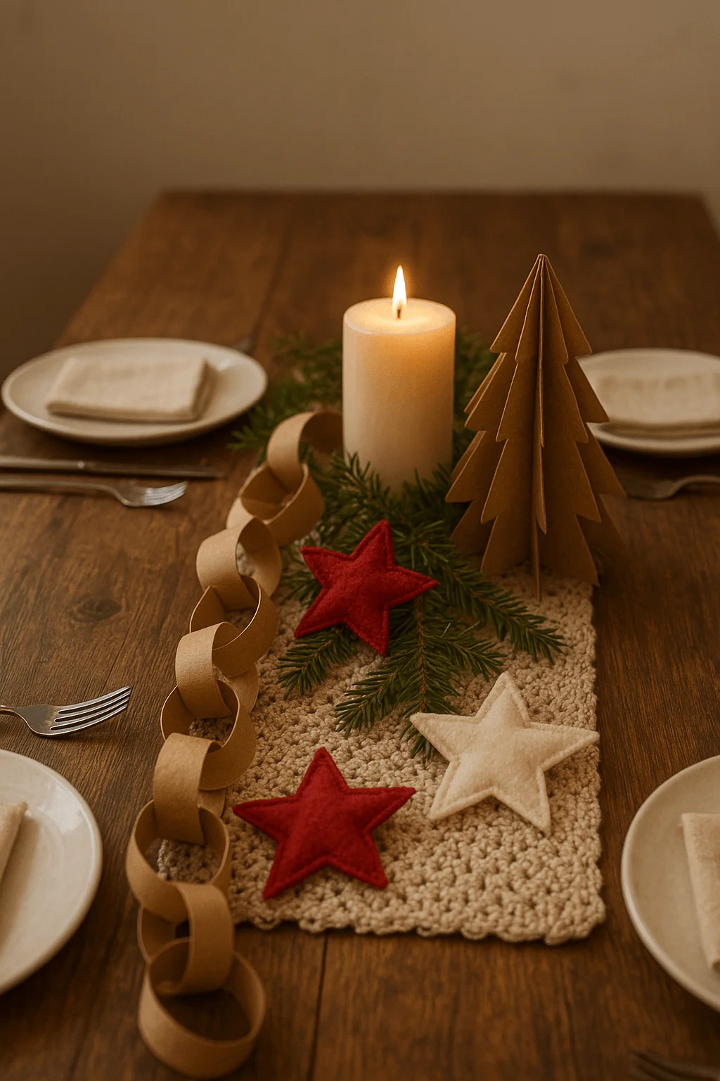 Eco friendly Christmas table centerpiece with felt stars paper chain candle evergreen sprigs and cardboard tree