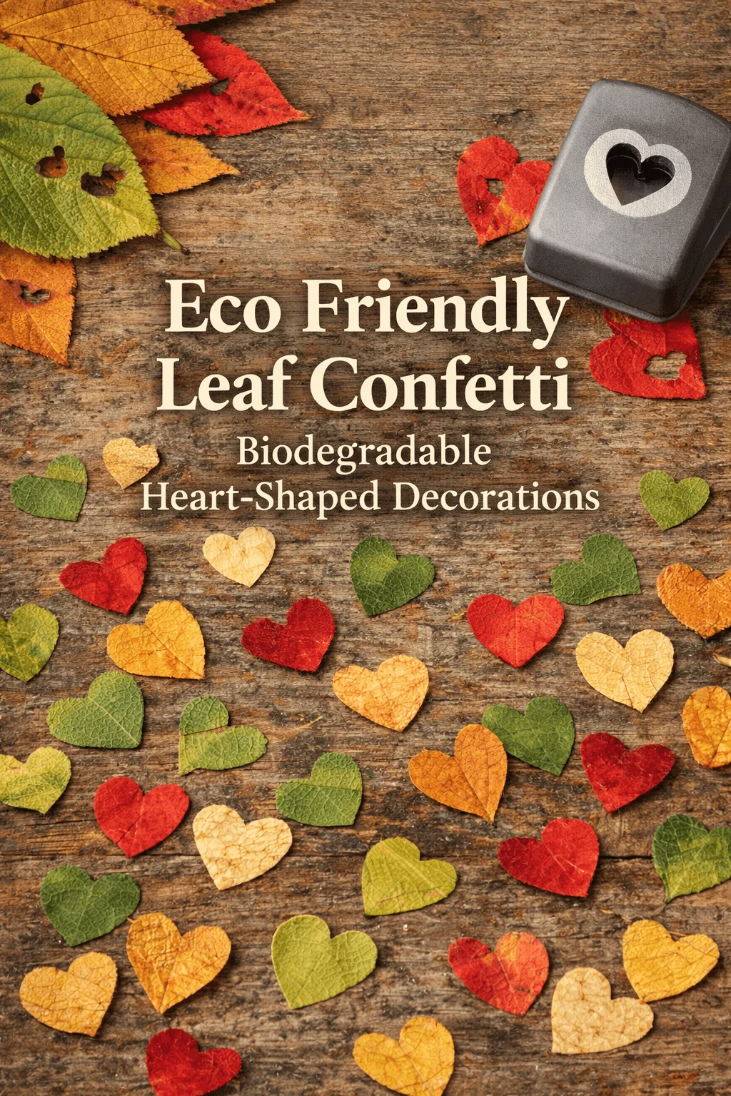 eco friendly leaf confetti with biodegradable heart shaped decorations made from colorful autumn leaves on rustic wooden background