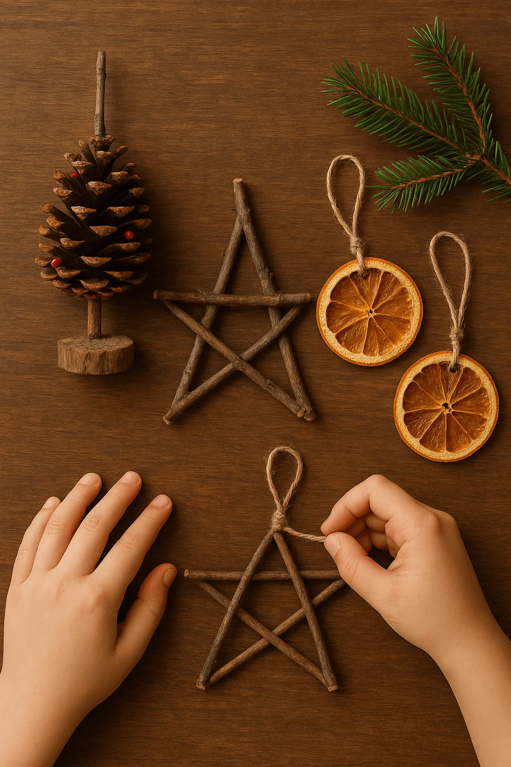Eco-friendly Christmas nature crafts with stick star ornaments, dried orange slice decorations, pinecone décor, and children’s hands assembling rustic holiday crafts.