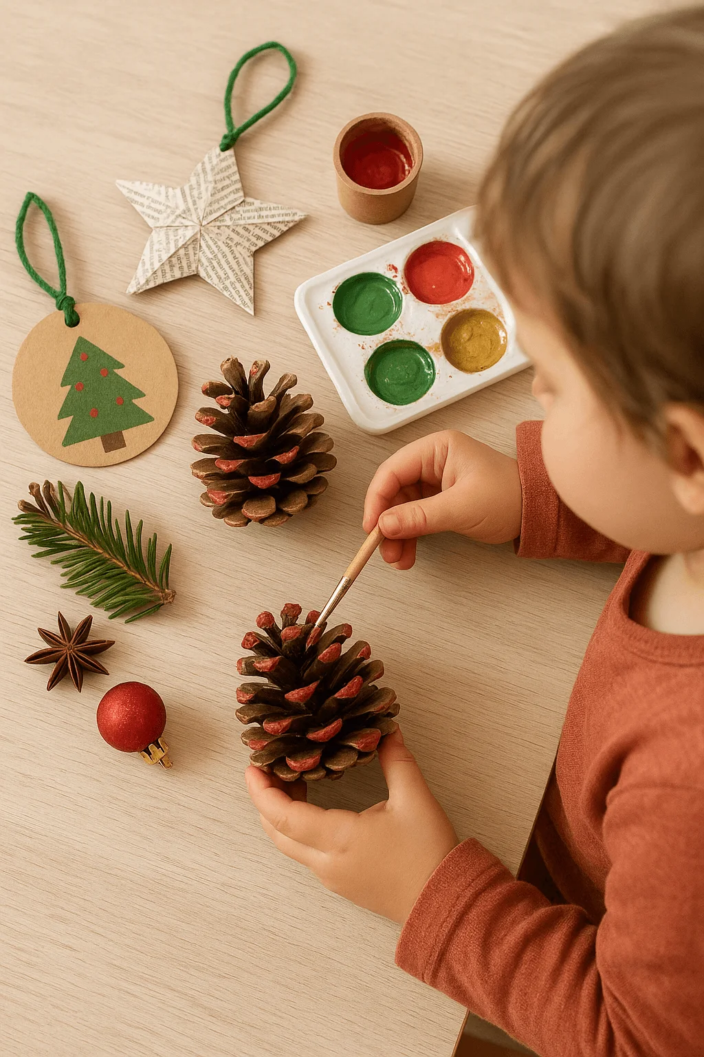 A young child sits at a table painting the tips of a pinecone with red paint, surrounded by eco-friendly Christmas craft materials including pine branches, star anise, small ornaments, and handmade paper decorations.