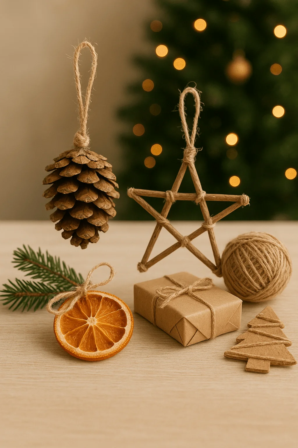 rustic eco friendly christmas decorations with pinecone ornament twine star dried orange slice and kraft wrapped gift