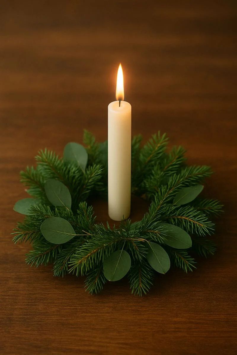 Minimalist Christmas centerpiece with a single white pillar candle surrounded by a simple evergreen and eucalyptus wreath on a wooden table